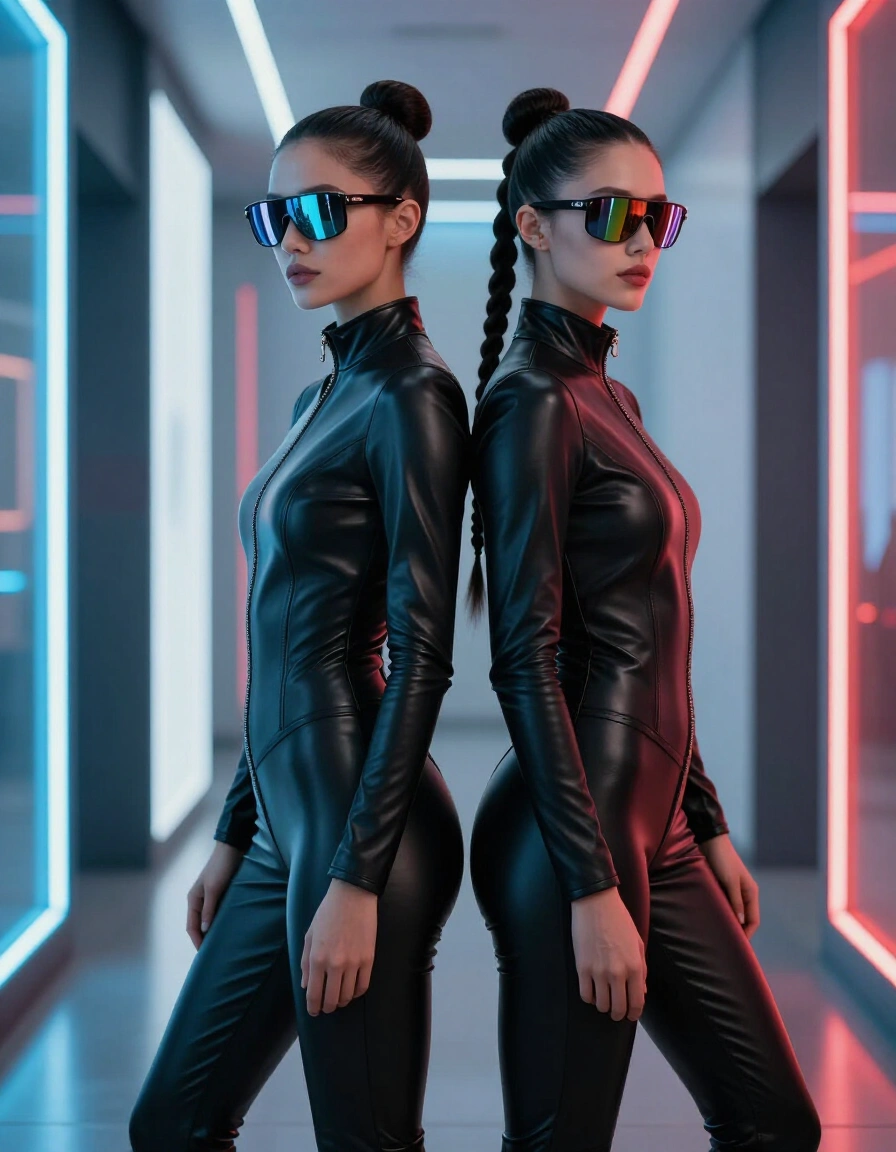 Two women in black leather outfits and mirrored sunglasses stand back-to-back in a futuristic setting.