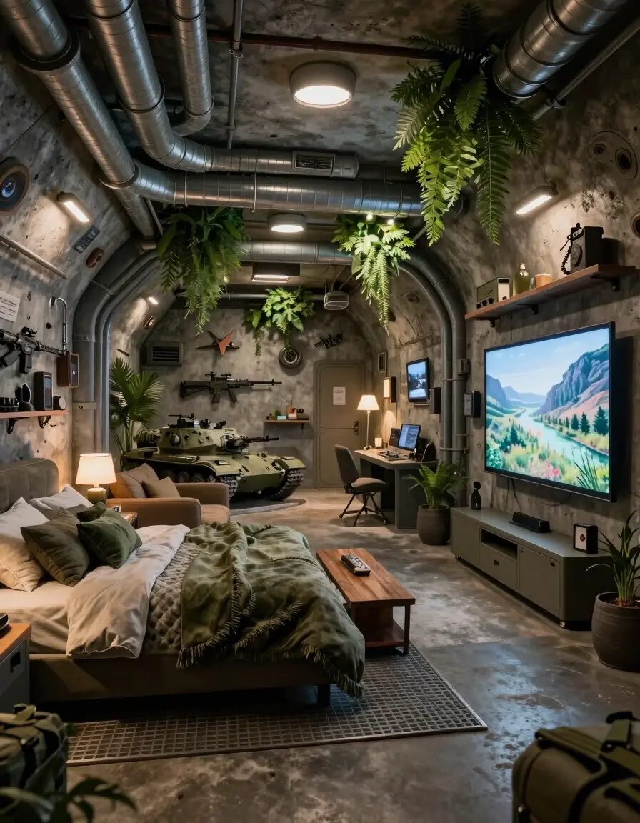 A futuristic underground bunker with a bedroom, living area, and workspace, featuring industrial-chic decor and lush greenery.