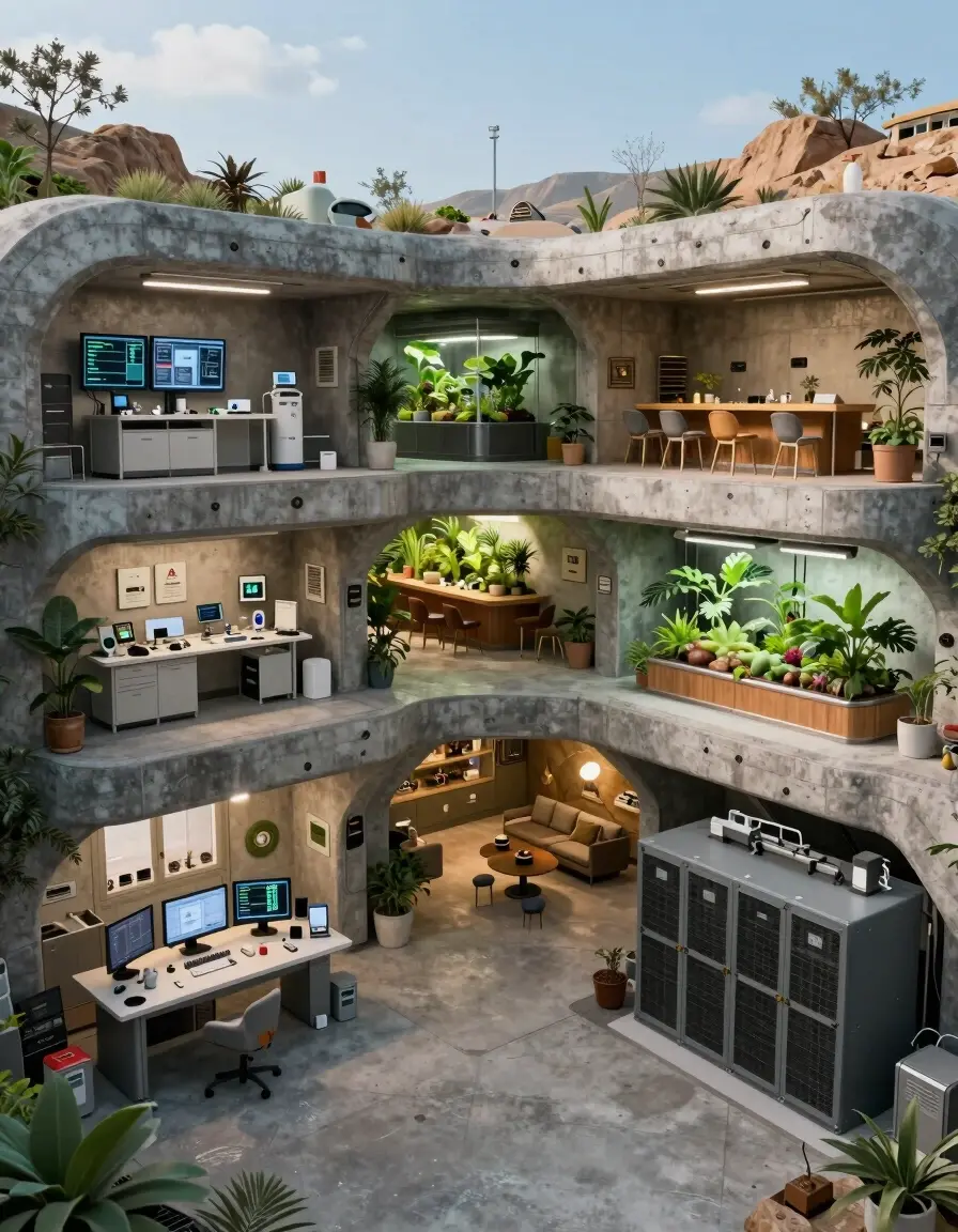 A futuristic underground bunker with multiple levels, featuring various functional spaces and a mix of industrial and modern design elements.