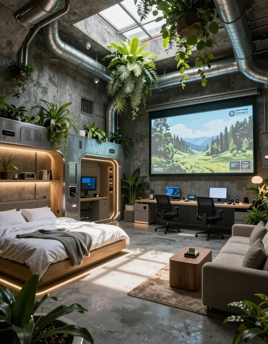 A futuristic underground bunker with a mix of military and industrial decor, including exposed pipes, metal shelving, and hanging plants, creating a unique and intriguing living space.
