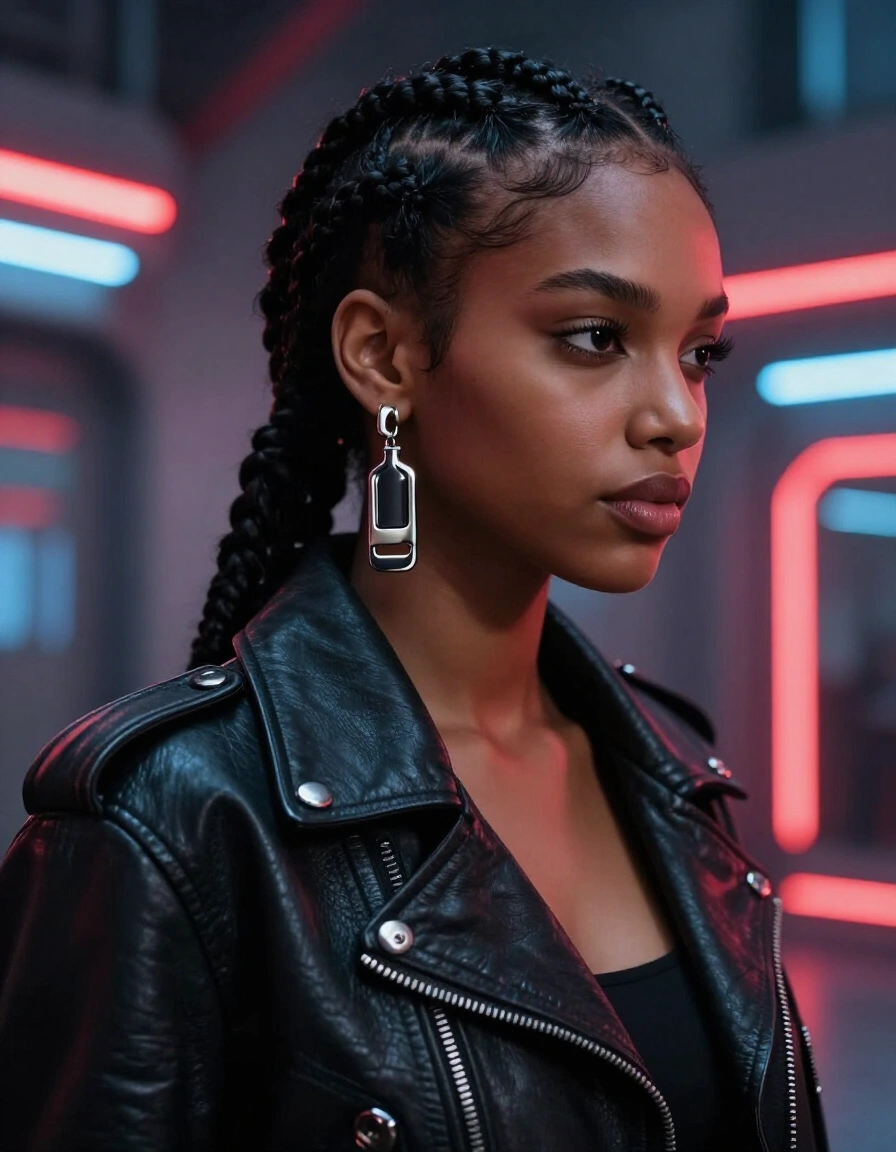 A young woman with braids and a leather jacket stands in front of neon lights, exuding urban chic.