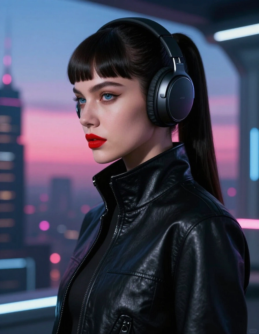 Woman in black leather jacket and futuristic headphones against a neon cityscape