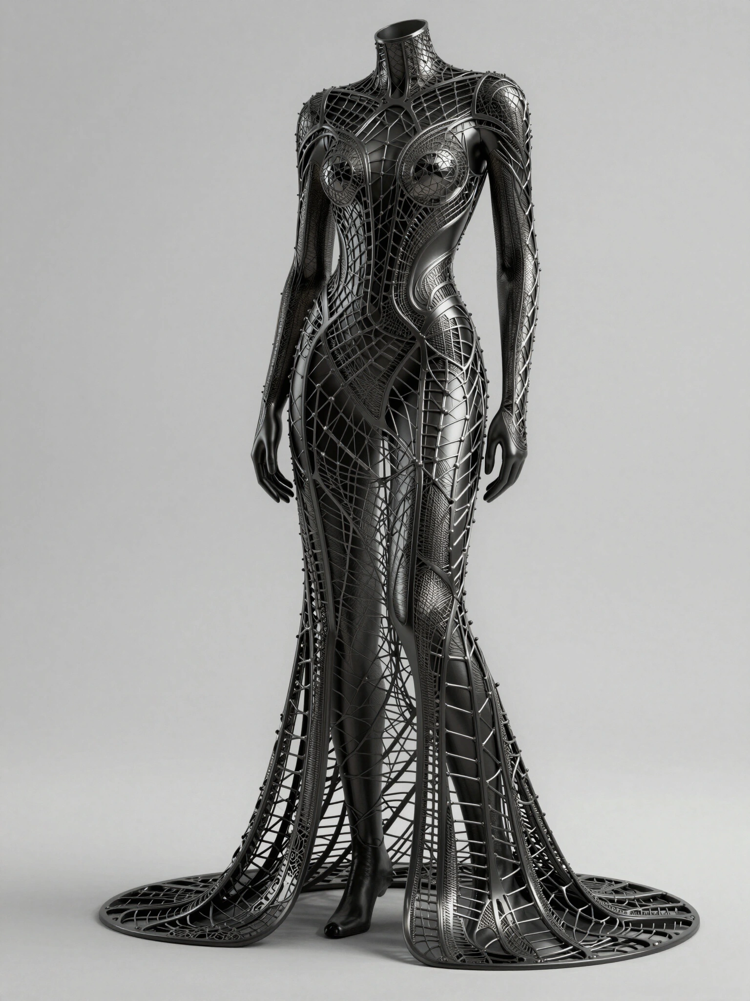 Futuristic luxury garment with intricate web design on a model or mannequin against a clean background