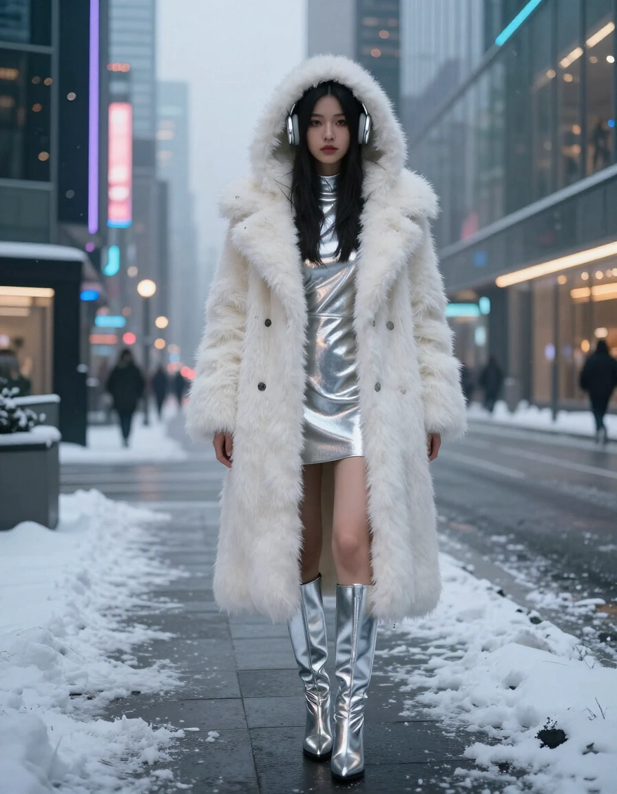 Woman in white fur coat and silver dress standing in a snowy city street