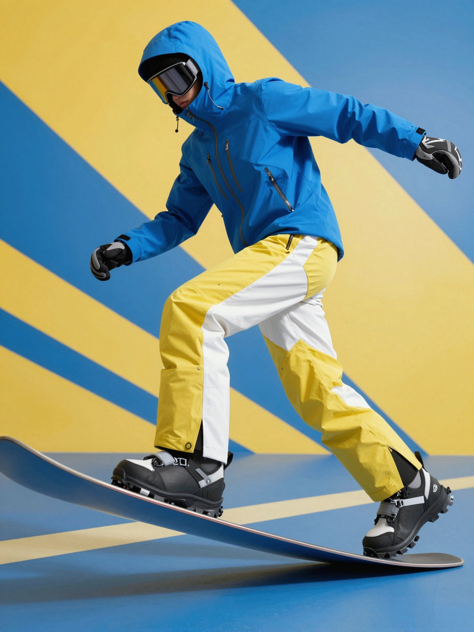 Person wearing futuristic winter sports outfit with blue jacket, yellow pants, and white snowboard pants, on a dynamic yellow and blue striped background.