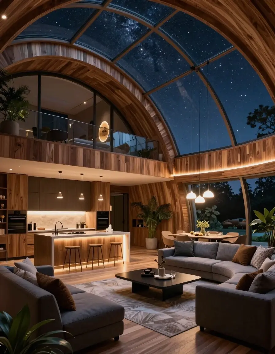 A futuristic, dome-shaped living space with wooden interiors, large windows, and modern furniture.