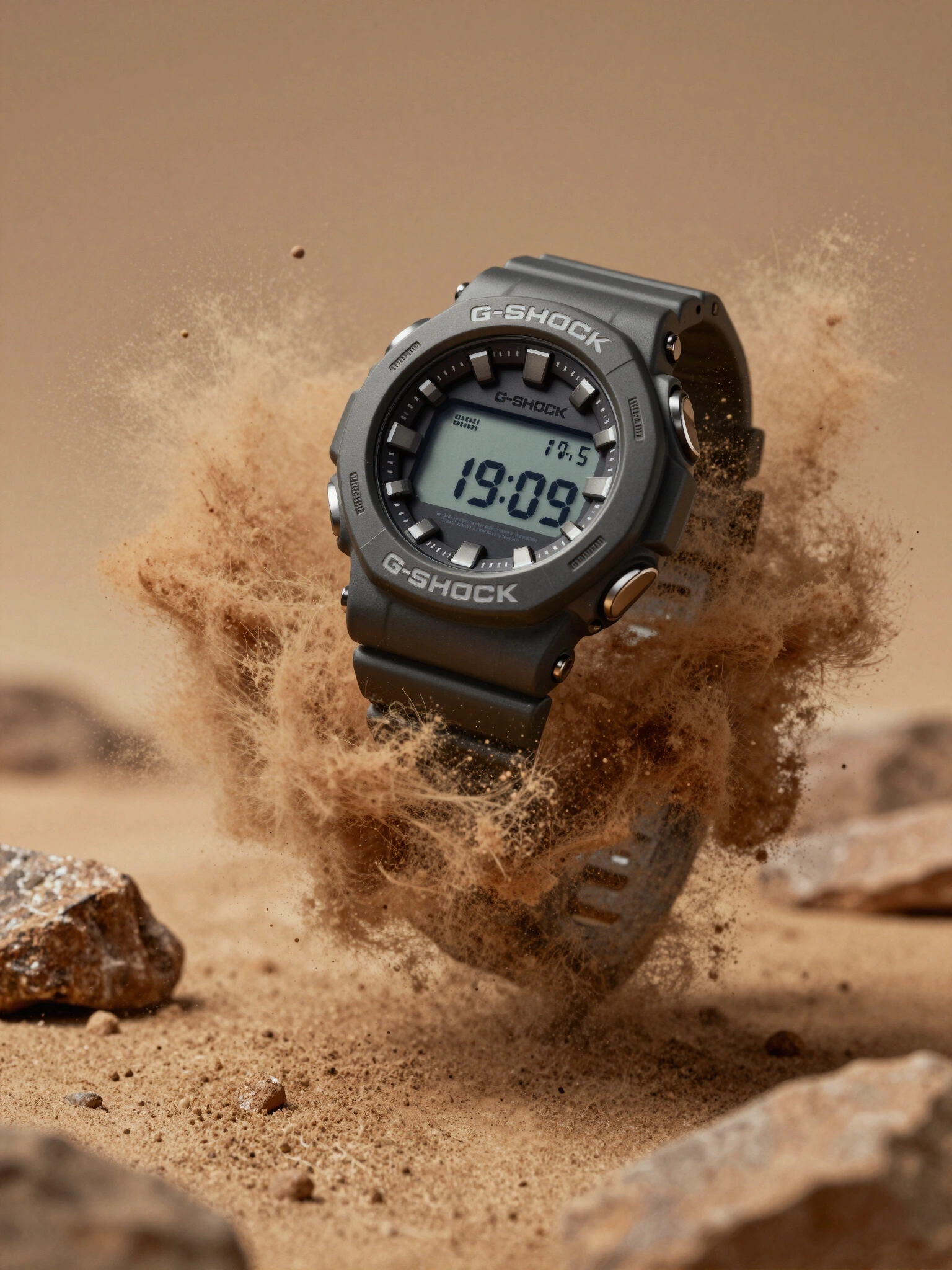 G-Shock watch bursting out of dust cloud, with rugged terrain and rocks in the background, conveying a sense of energy and movement