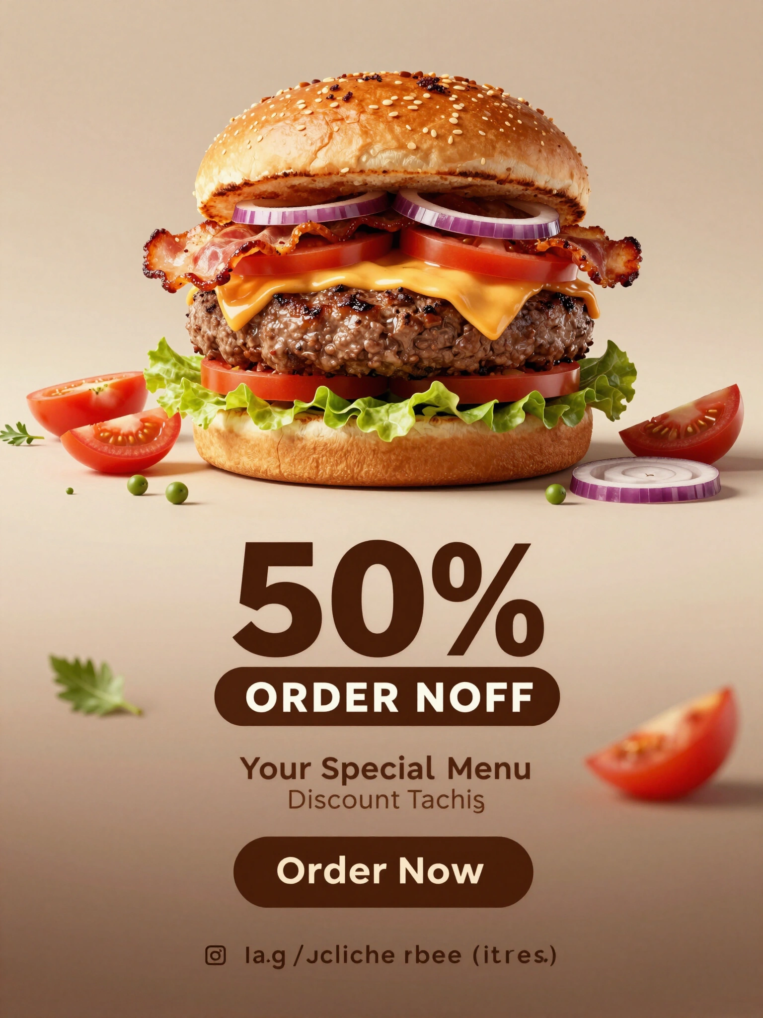 A visually appealing burger advertisement with a large burger image and promotional text on a beige background.