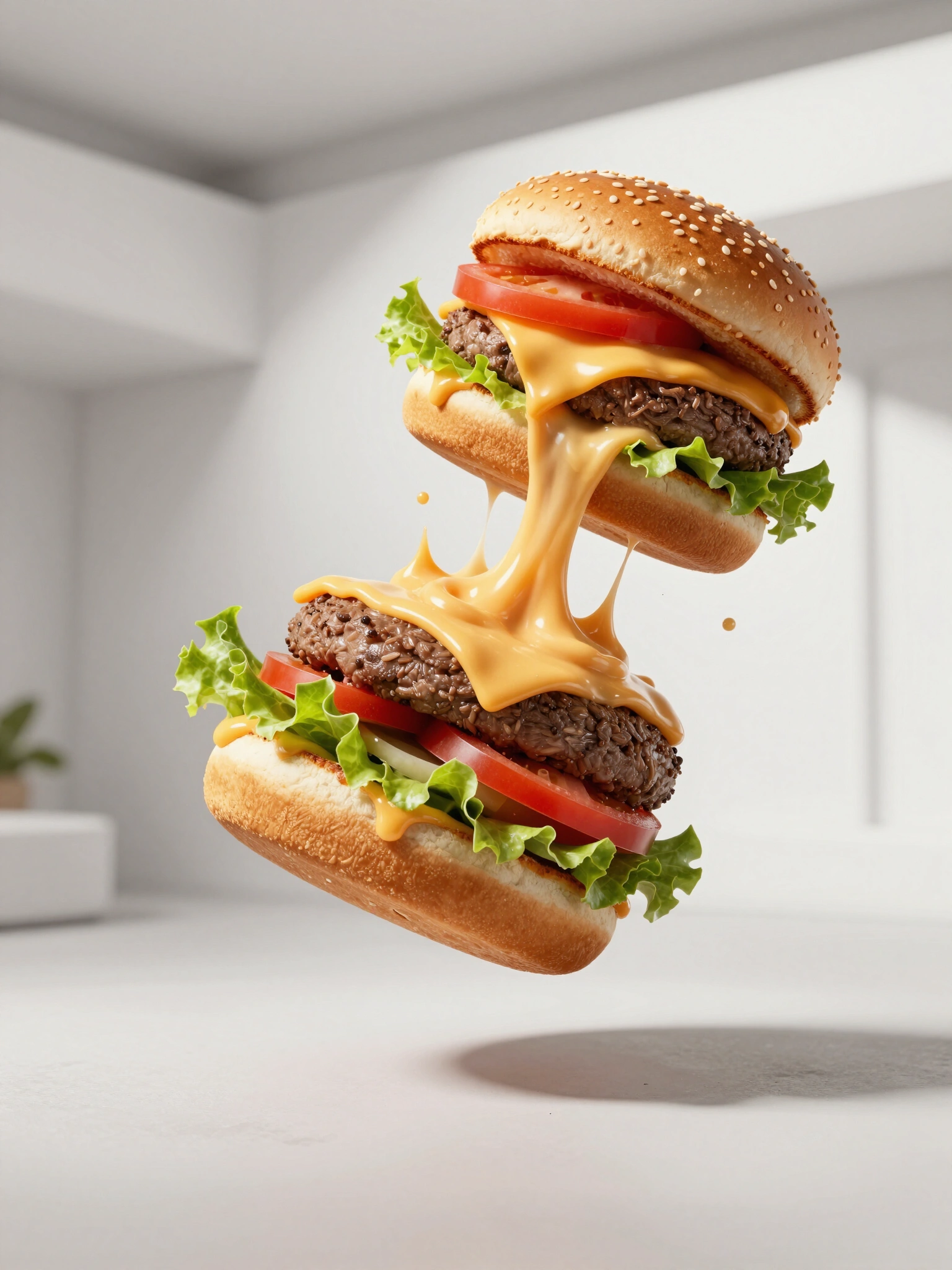 Mouth-watering double cheeseburger in mid-air with cheese stretching and sauce splashing around it.
