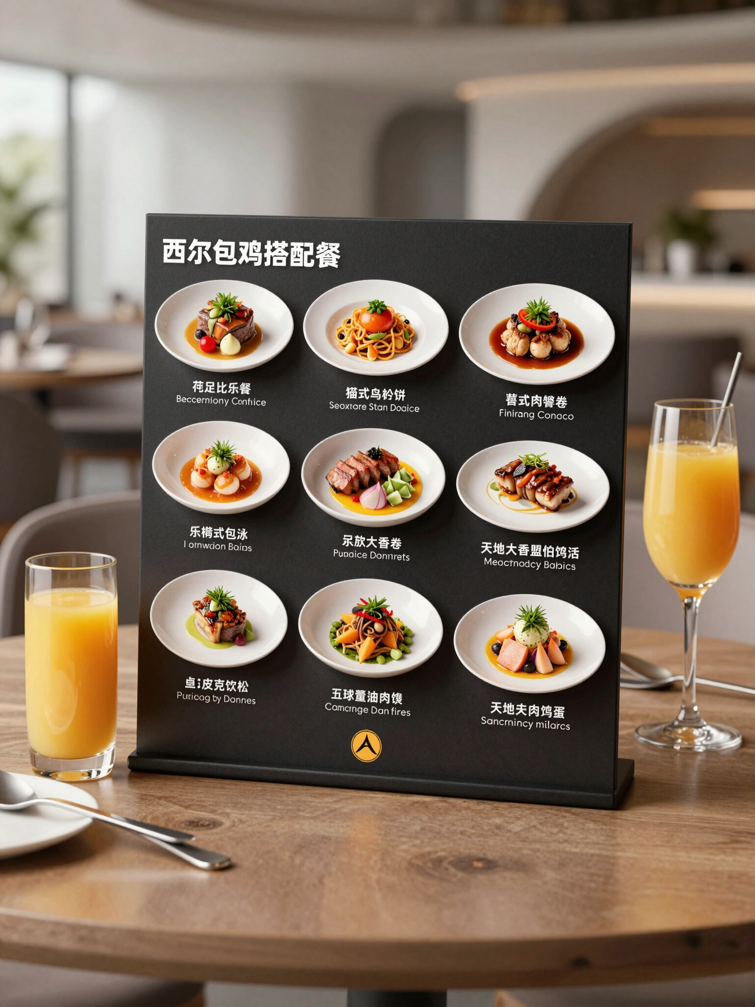 Modern restaurant menu board mockup on wooden table with gourmet dishes and orange juice.