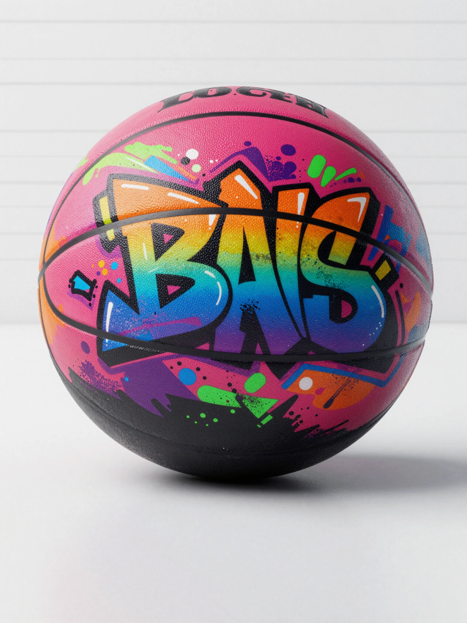A hyper-realistic basketball with graffiti design, featuring neon colors and bold black outlines