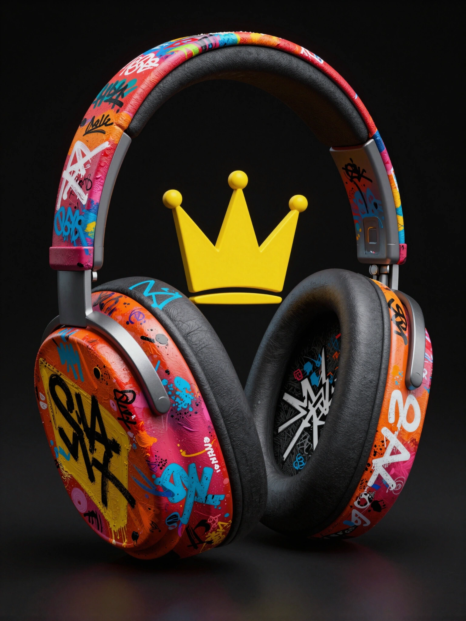 Vibrant graffiti headphones with a yellow crown symbol on a black background