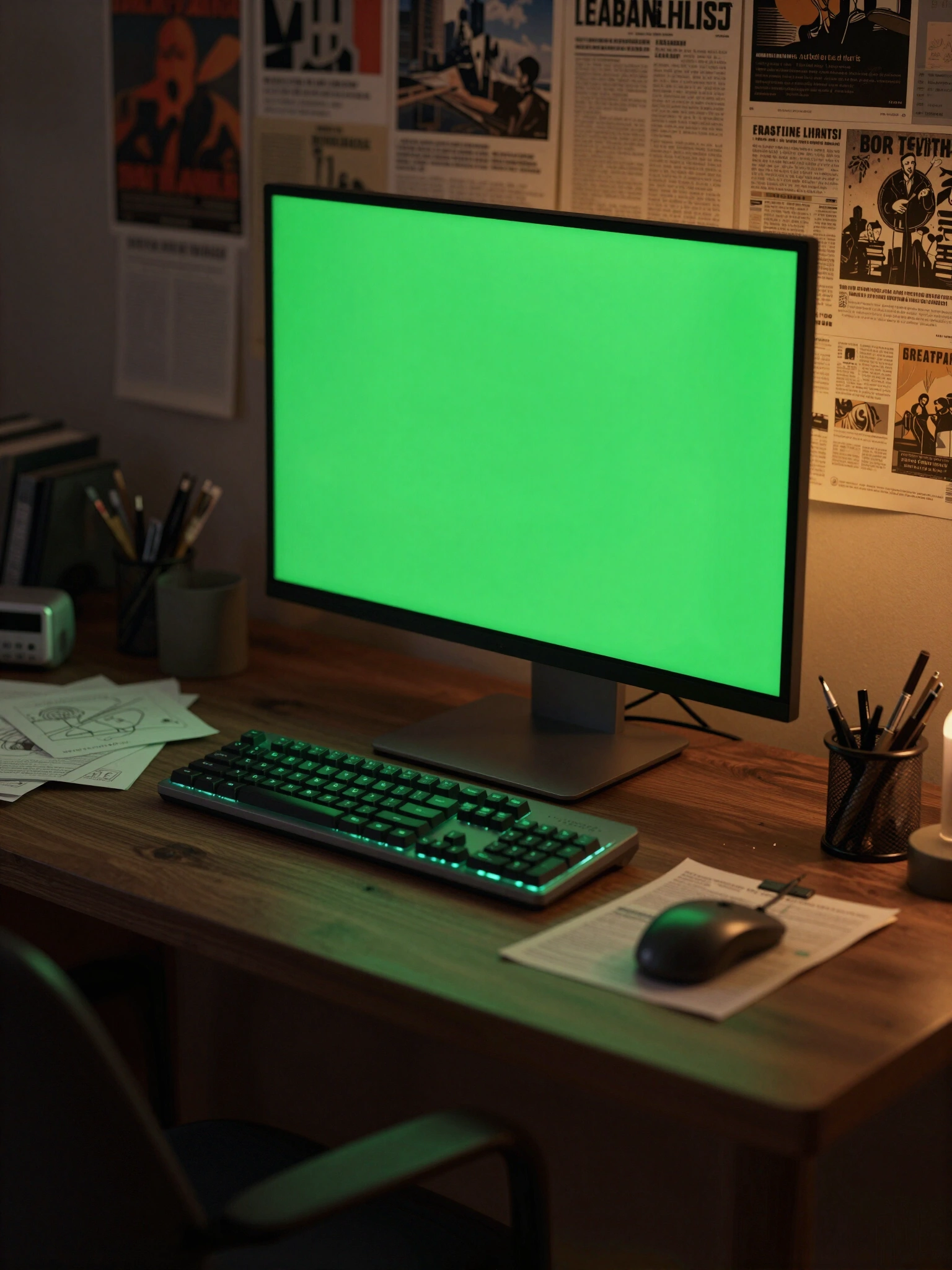 Computer monitor with green screen on cluttered desk