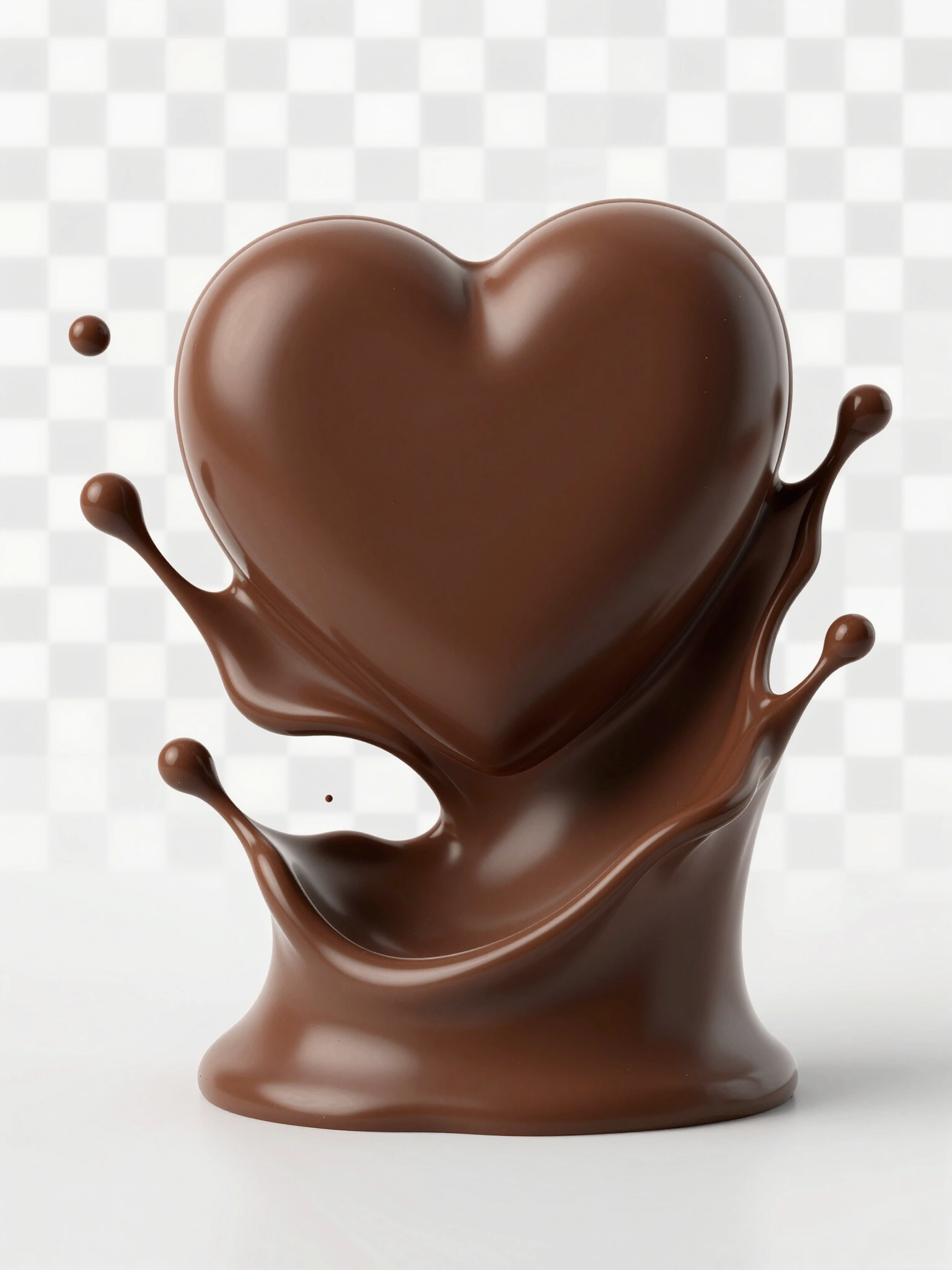 A heart-shaped chocolate splash with a smooth, glossy finish and a rich, dark brown color, set against a transparent background