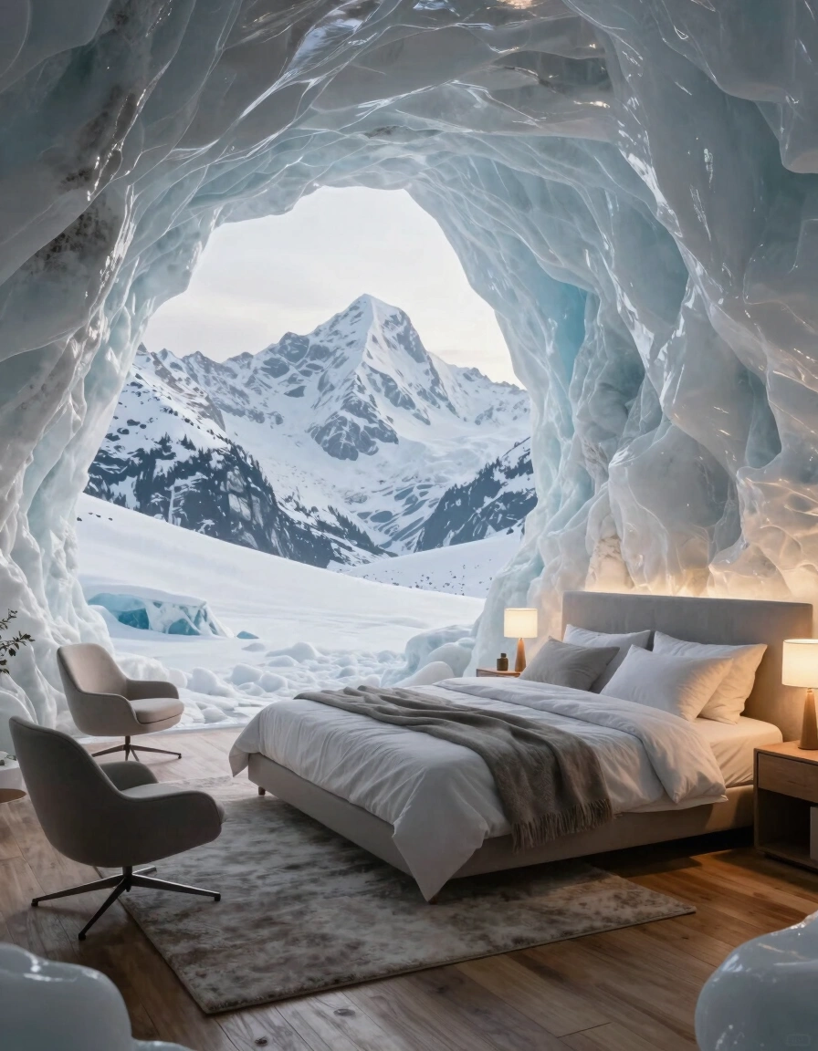 A serene bedroom interior within an icy cave, with a minimalist bed and reading chair, set against a snow-capped mountain peak visible through the cave entrance.