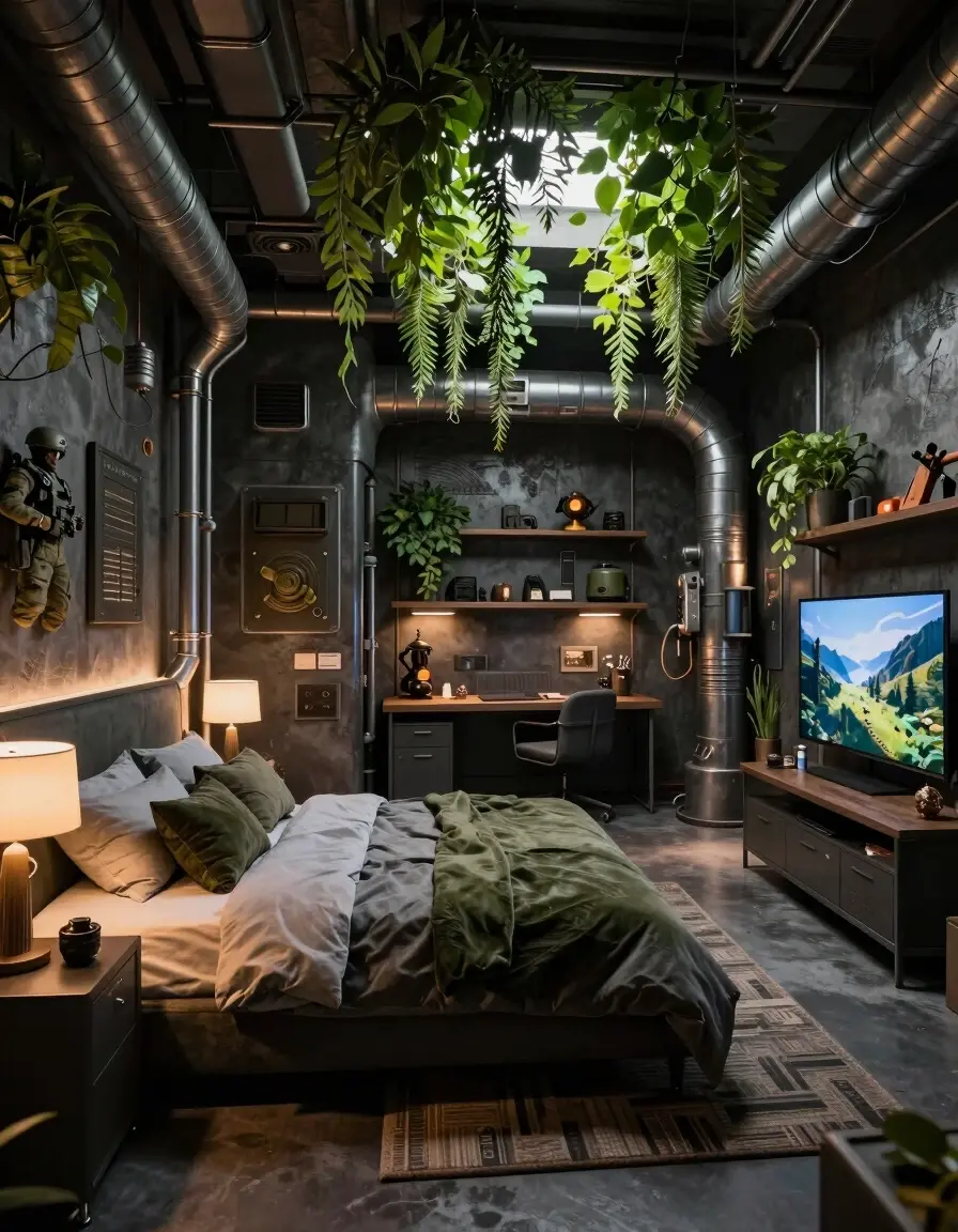 A futuristic bedroom with industrial elements, greenery, and a dark color scheme, featuring a large bed, workspace, and military-themed decorations.