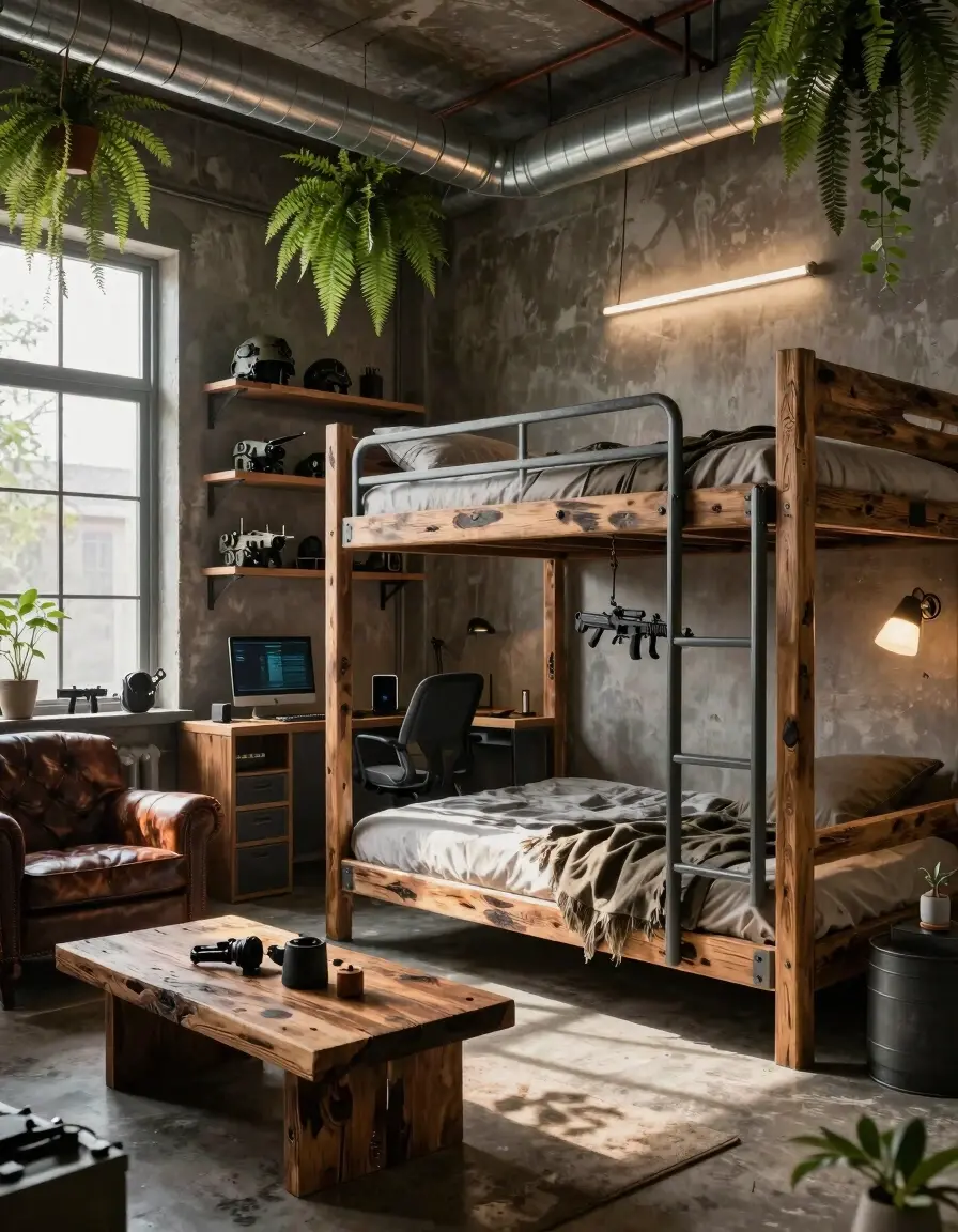 Futuristic bedroom with industrial-chic design, bunk bed, desk area, and military-inspired decor, surrounded by greenery and modern technology.