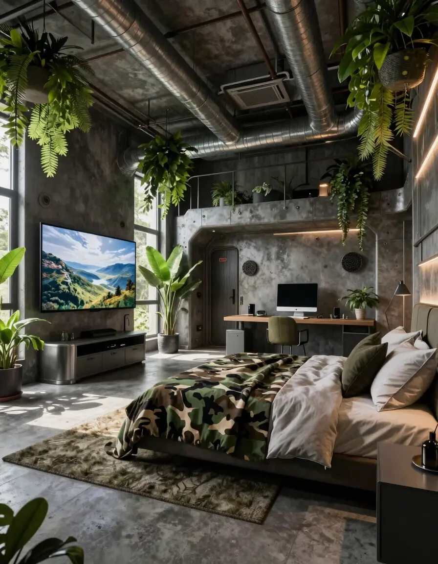Futuristic bedroom with industrial elements and greenery