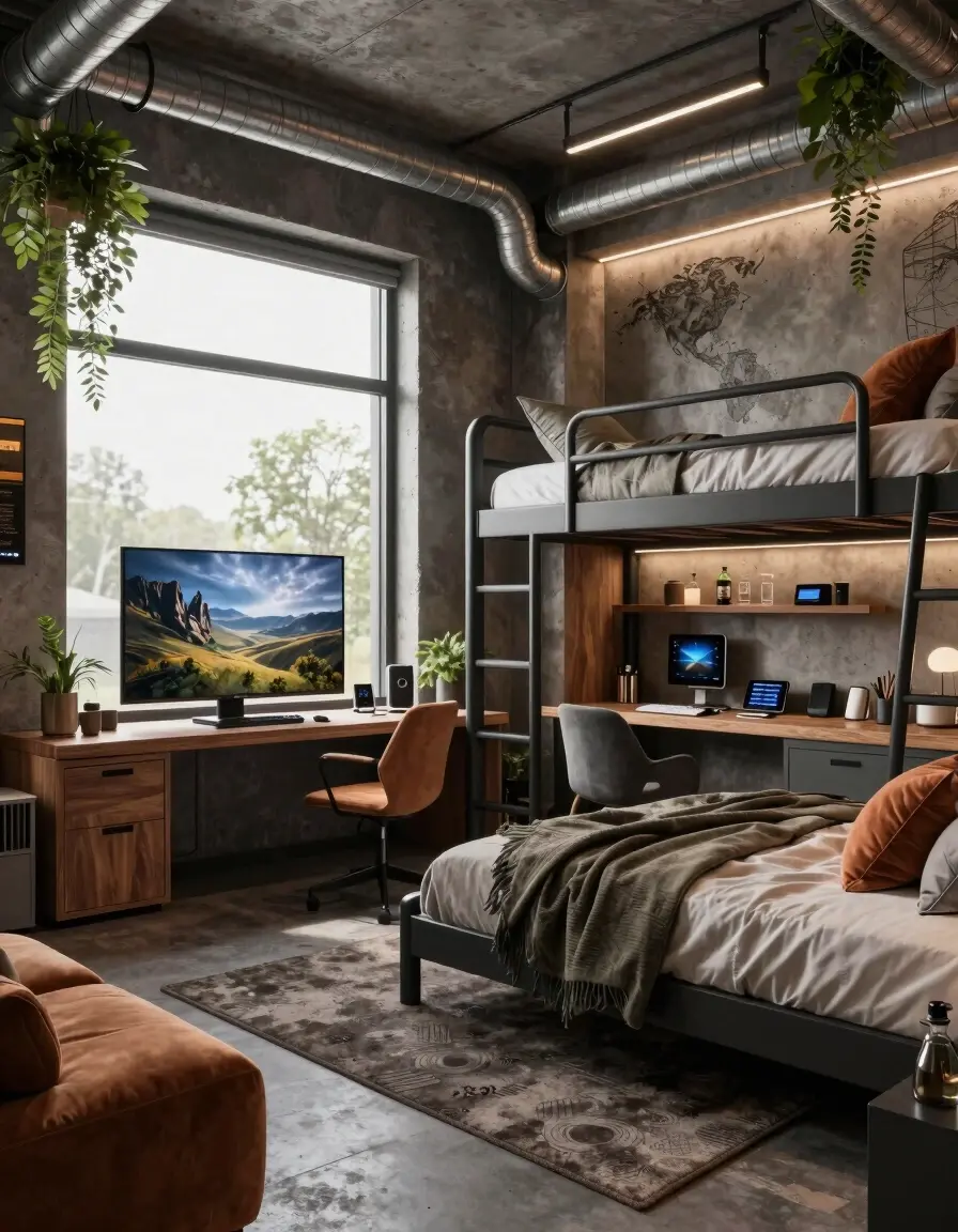 Futuristic bedroom with industrial elements, bunk bed, and large screen TV displaying a natural landscape.