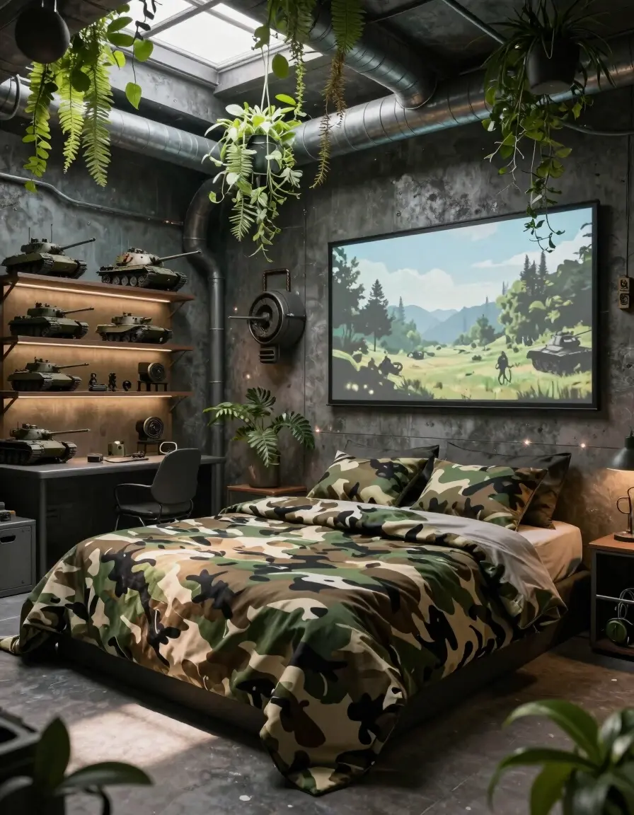 Futuristic bedroom with industrial elements, military decor, and lush greenery