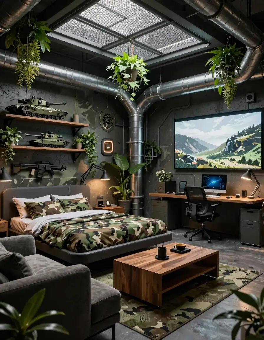 Futuristic bedroom with industrial elements and camouflage theme, featuring a bed, sofa, and workspace amidst military-inspired decor and lush greenery.