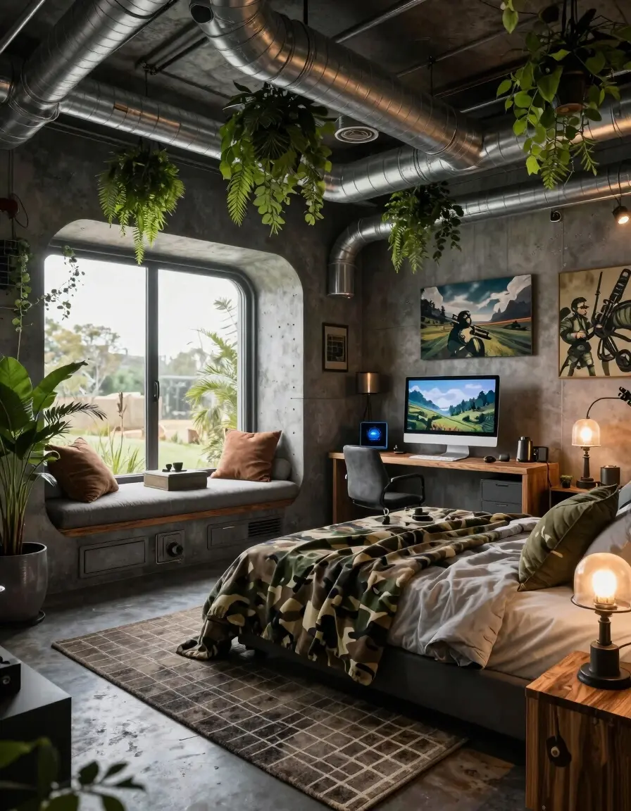 Futuristic bedroom with industrial and military elements, featuring a large bed, desk, and TV, with lush greenery and exposed ductwork.