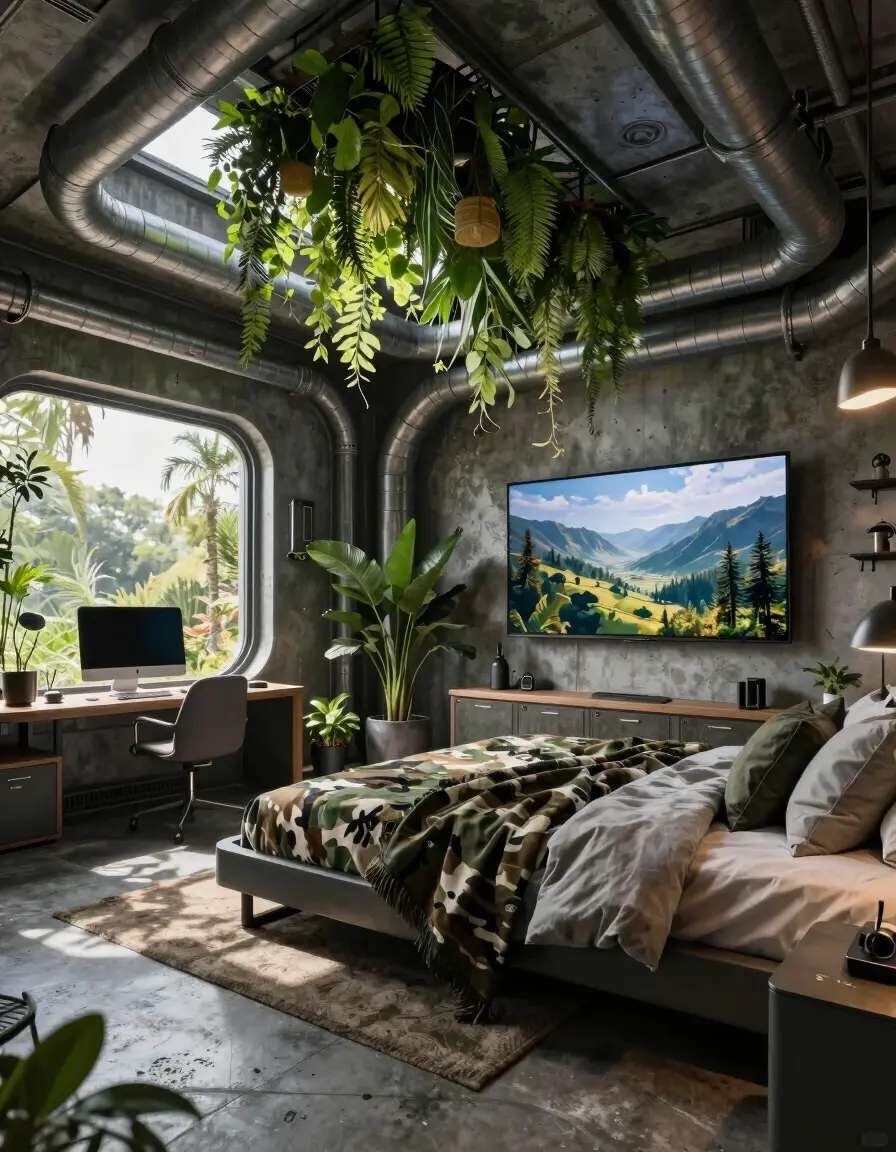 A futuristic bedroom with industrial and military elements, featuring a large bed, desk area, and TV, surrounded by greenery and metal accents.