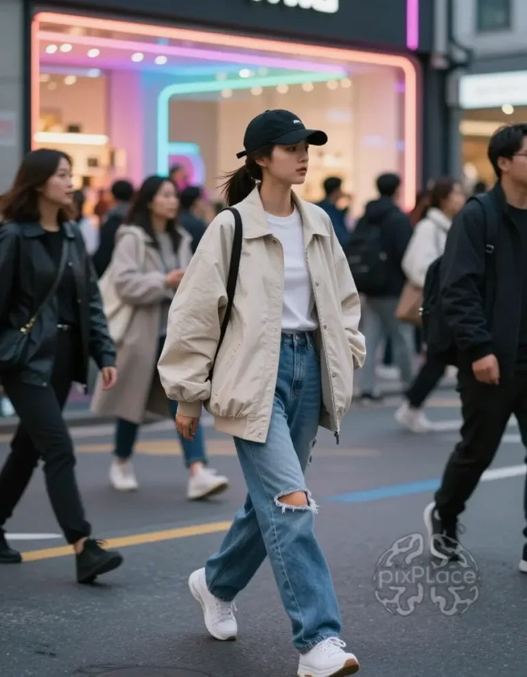 Young woman in Korean streetwear outfit walking down a city street with neon lights