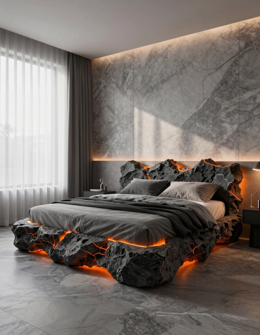 Modern bedroom with lava-inspired bed and gray marble decor