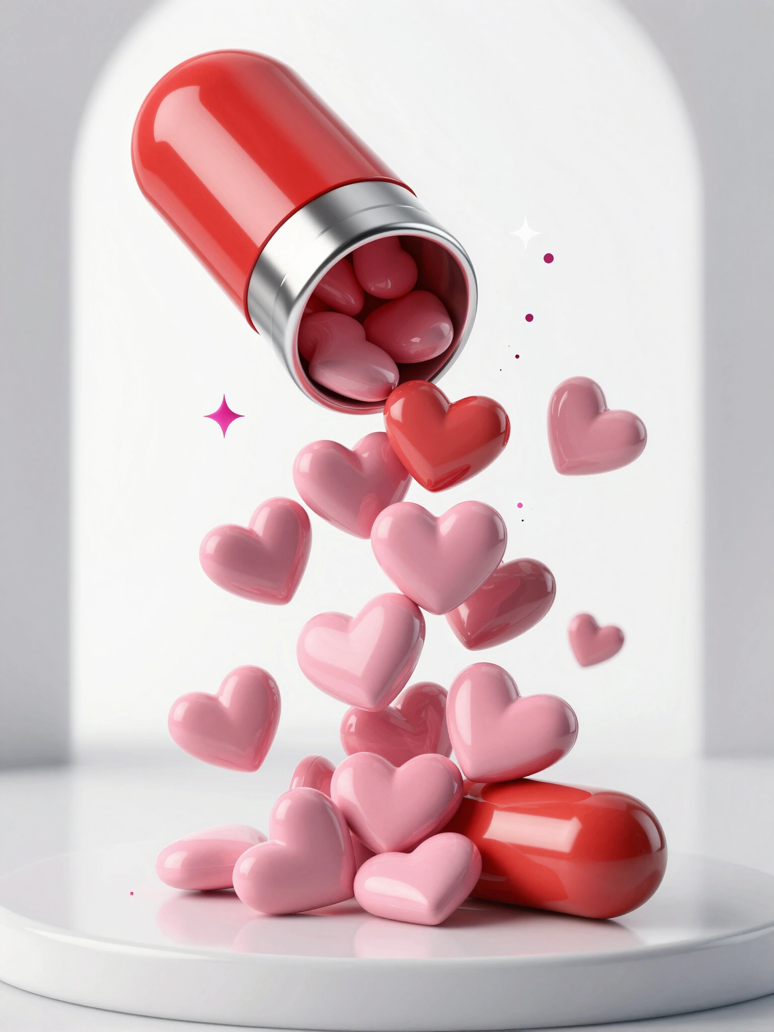 Red capsule with silver accents, opened to reveal pink hearts and surrounded by sparkles on a white background.