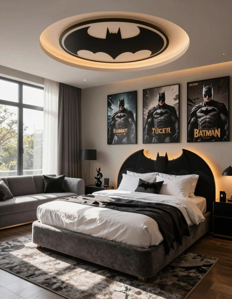 A luxurious Batman-themed bedroom with a circular bed, gray couch, and Batman posters on the walls, featuring a modern and sophisticated design.