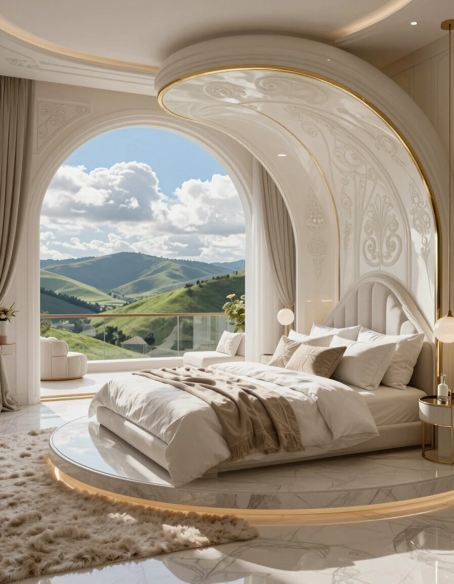 A serene and luxurious bedroom with a circular bed, white and gold accents, and a stunning view of the outdoors.