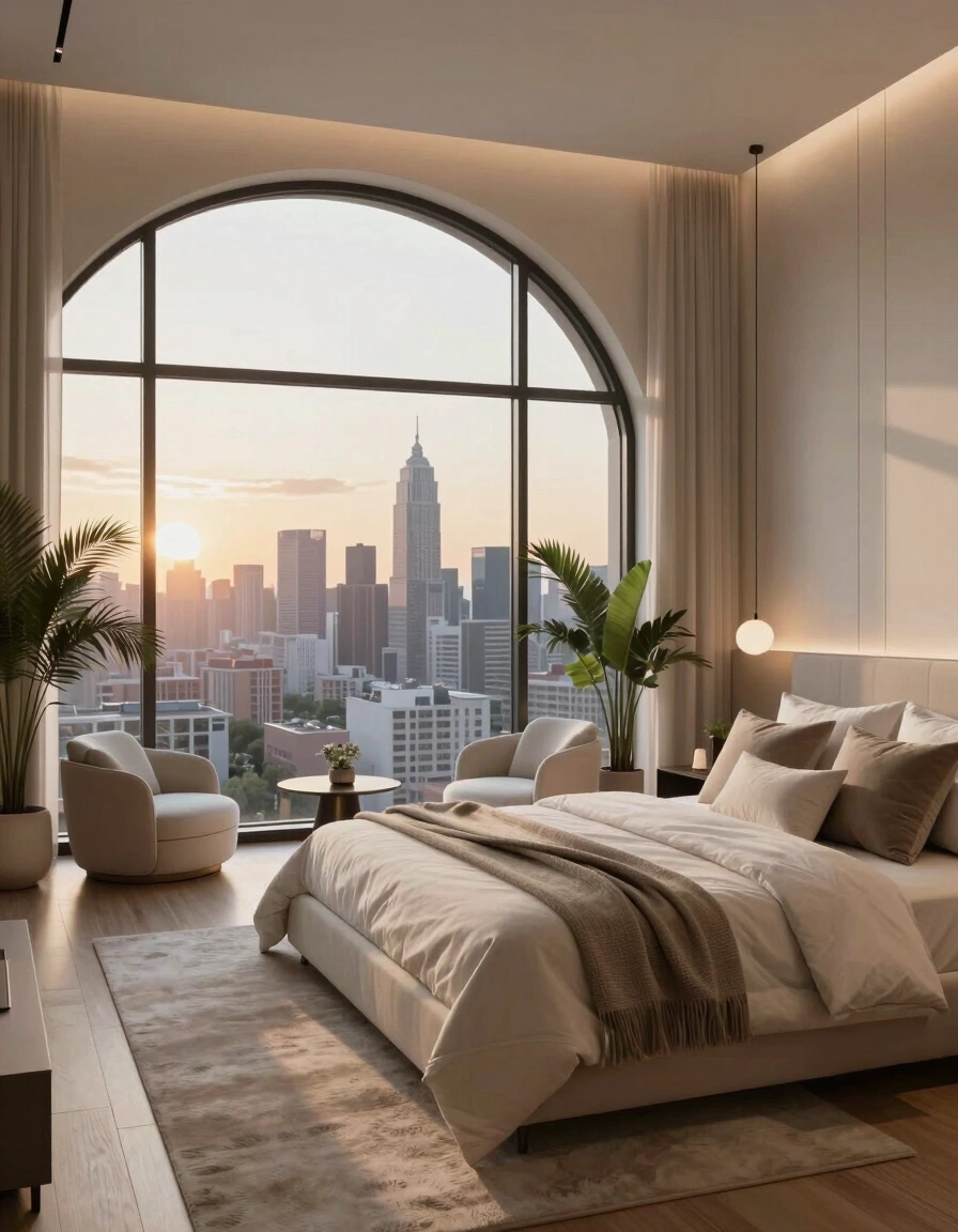 A luxurious bedroom with a large arched window overlooking a city skyline at sunset, featuring a minimalist beige and white color scheme and plush furniture.