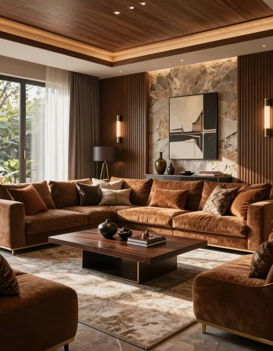 A luxurious living room with brown sectional sofa, stone accent wall, and wooden ceiling.