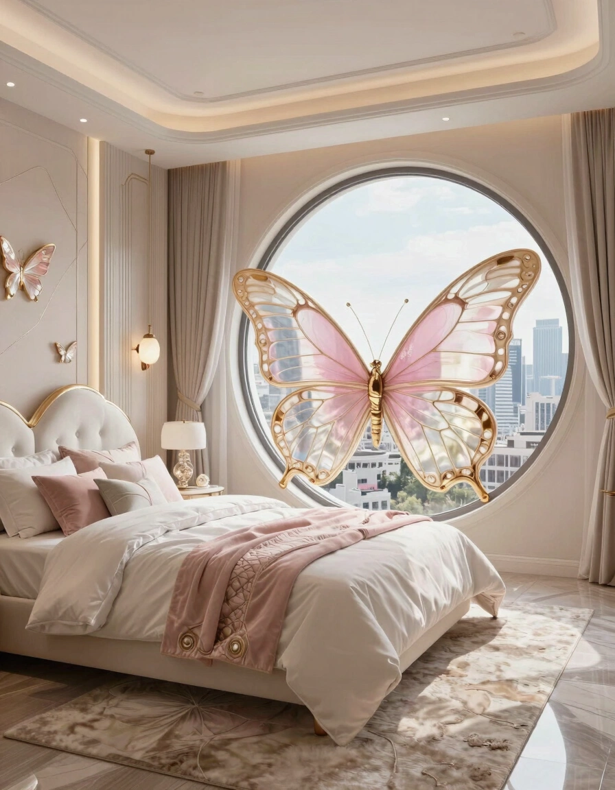 A luxurious bedroom with a butterfly bed frame, white and gold accents, and a city view