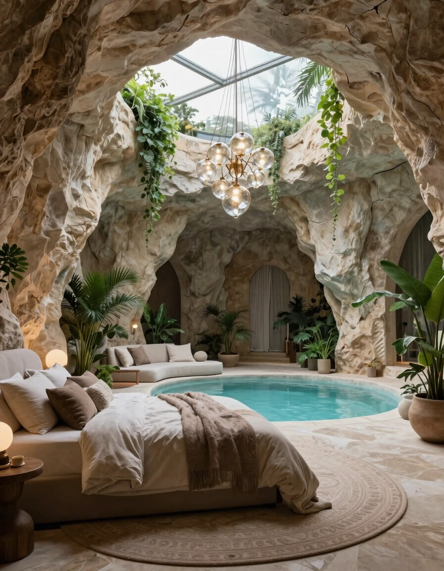 A luxurious bedroom with a pool and a cave-like structure, featuring a round opening in the ceiling and a stunning chandelier.