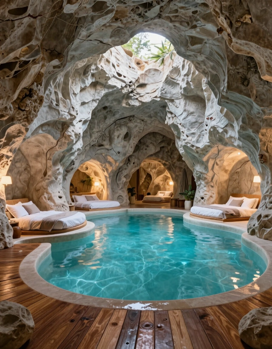 A luxurious cave interior with a turquoise pool and white platforms, surrounded by rock walls and soft lighting.
