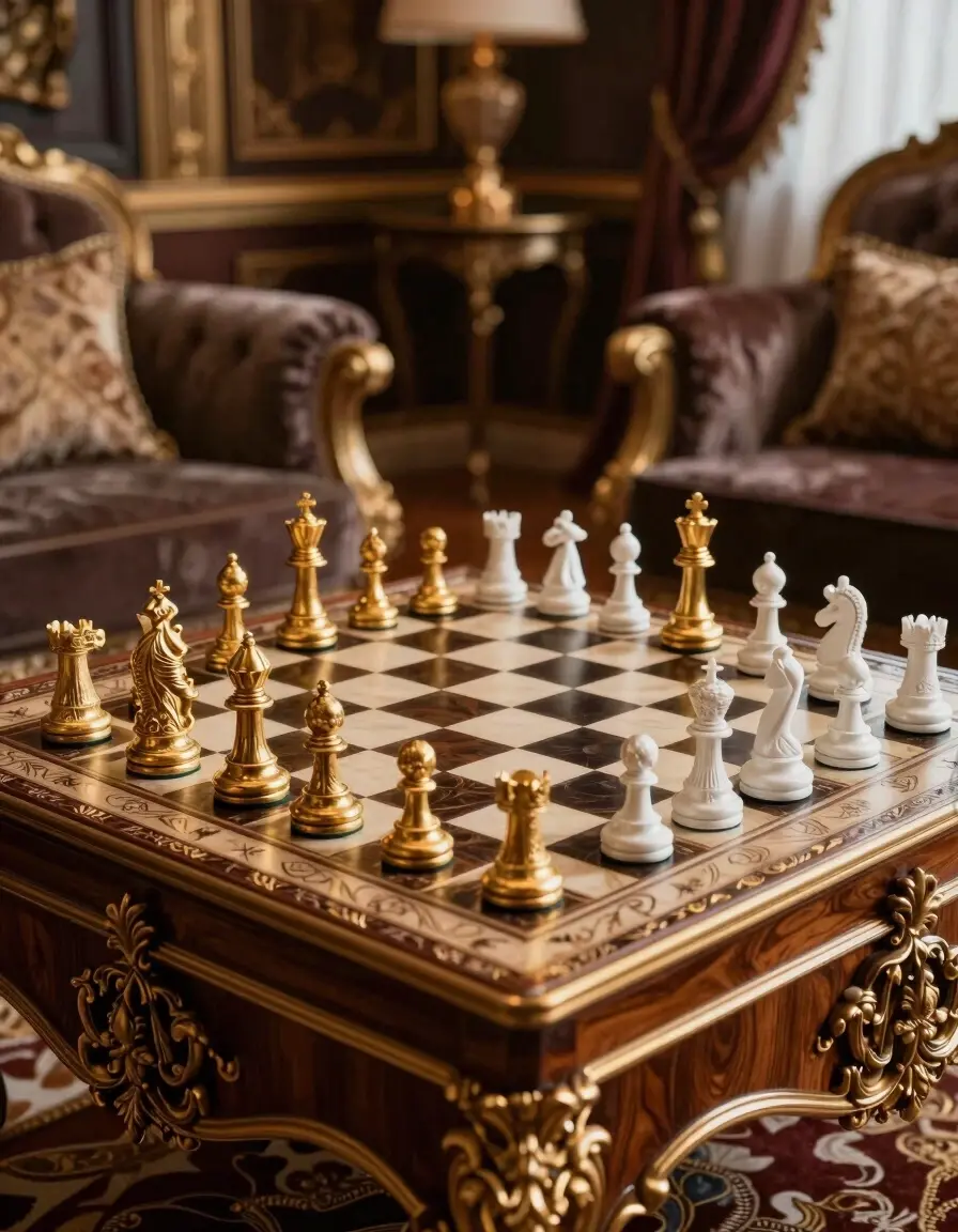 Luxurious chessboard with gold and white pieces on an ornate table in a darkened room