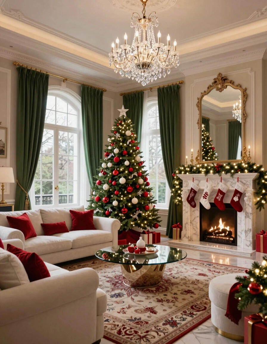 Luxurious living room decorated for Christmas with a tall tree, white couches, red pillows, and a marble fireplace.