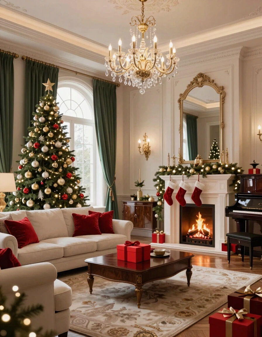 A lavishly decorated living room for Christmas with a large tree, white couch, fireplace, and grand piano.