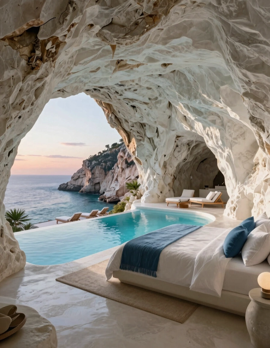 A luxurious cave bedroom with a pool and ocean views, featuring a large bed and patio area with lounge chairs.