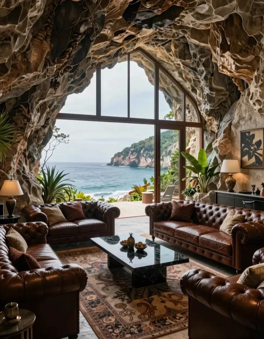 A luxurious cave living room with leather sofas and a marble coffee table, surrounded by rocky walls and glass windows overlooking the ocean.