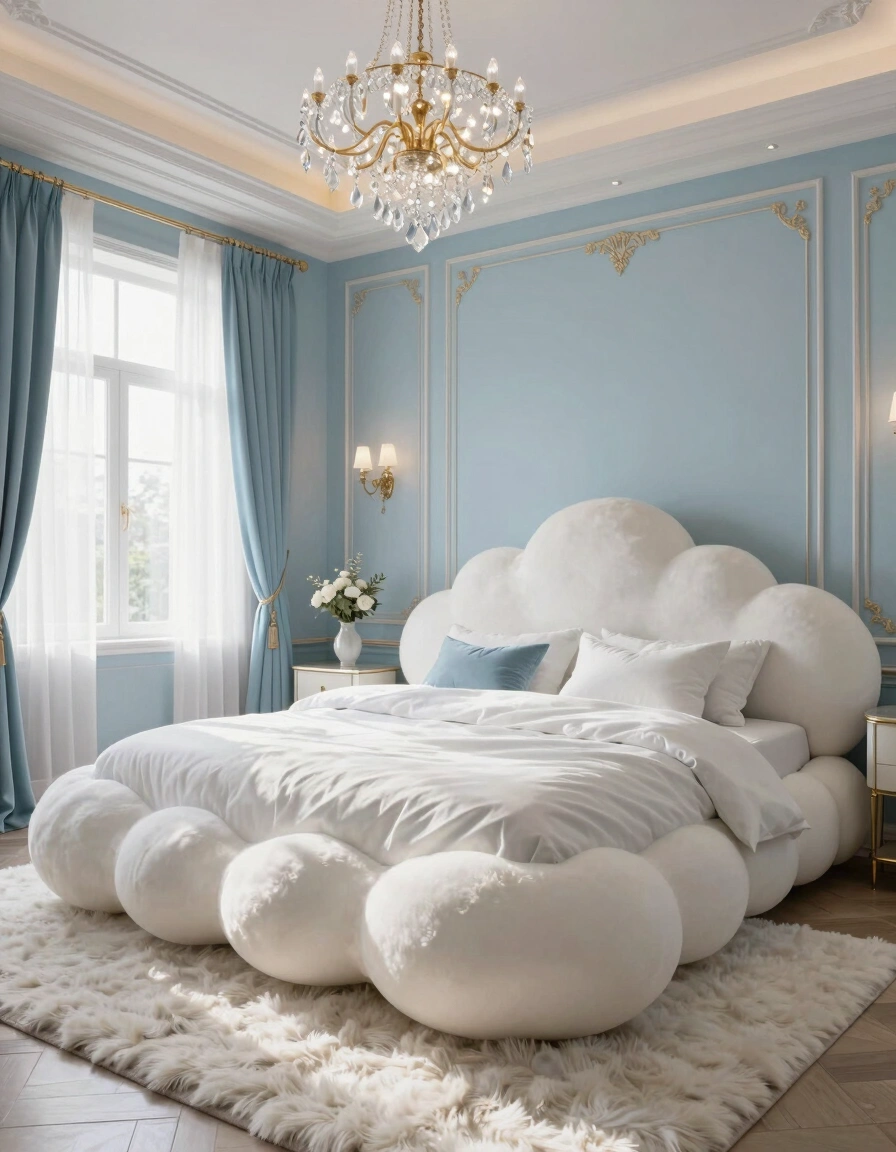 A luxurious bedroom with a cloud-shaped bed and crystal chandelier, exuding elegance and serenity.