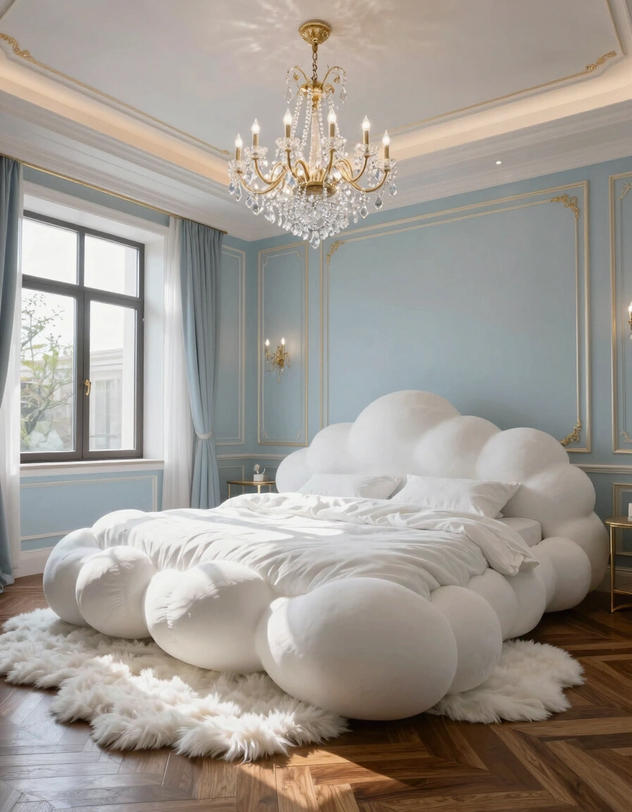 A luxurious bedroom with a cloud-shaped bed, crystal chandelier, and light blue walls with gold accents.
