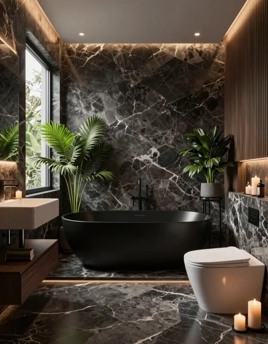 A luxurious bathroom with dark marble walls and floors, featuring a freestanding black tub, wall-mounted sink, and toilet, illuminated by warm LED lighting and candles.