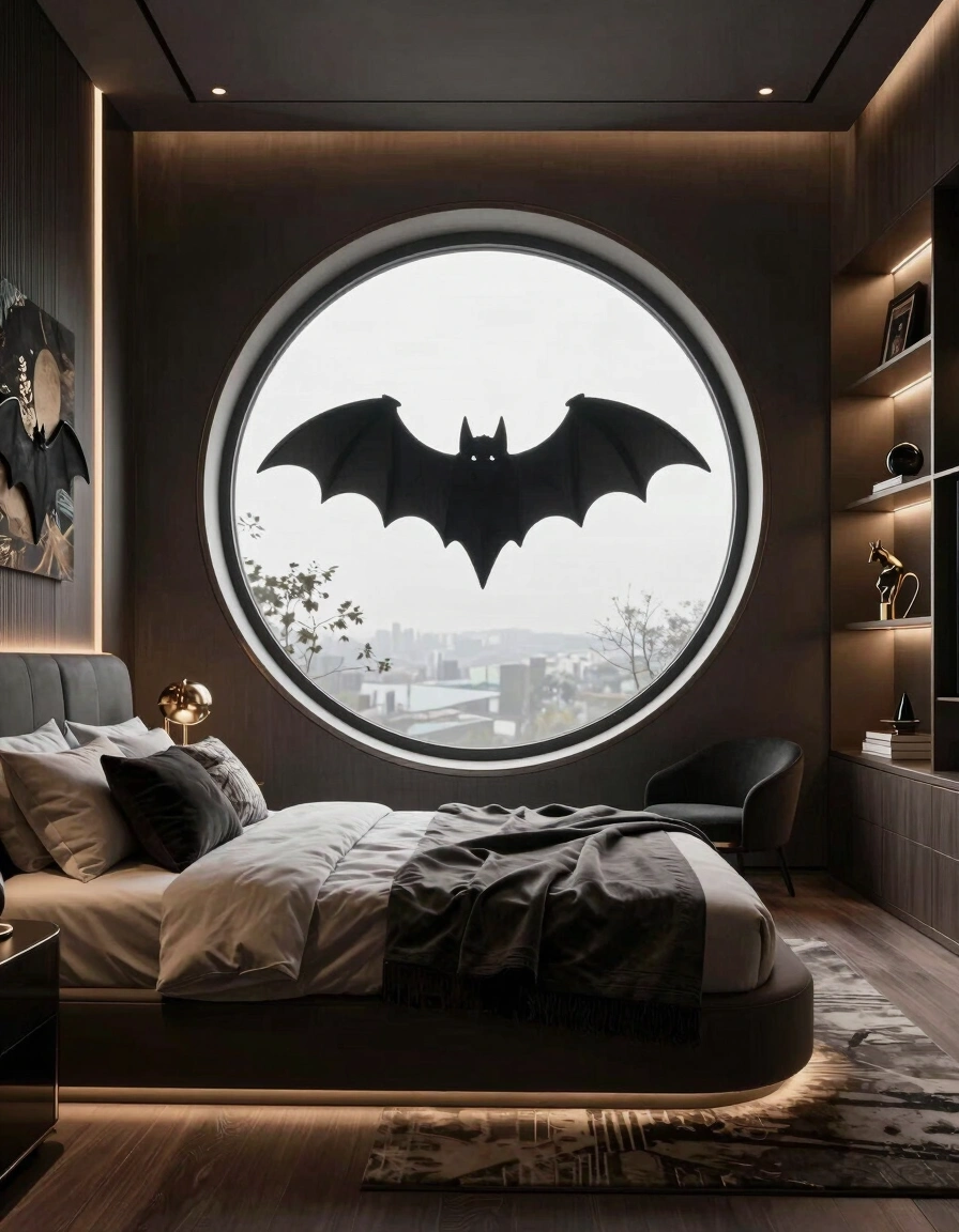 A modern bedroom with a circular bed, large circular window, and dark color scheme, featuring bat-inspired decor and built-in shelving units.