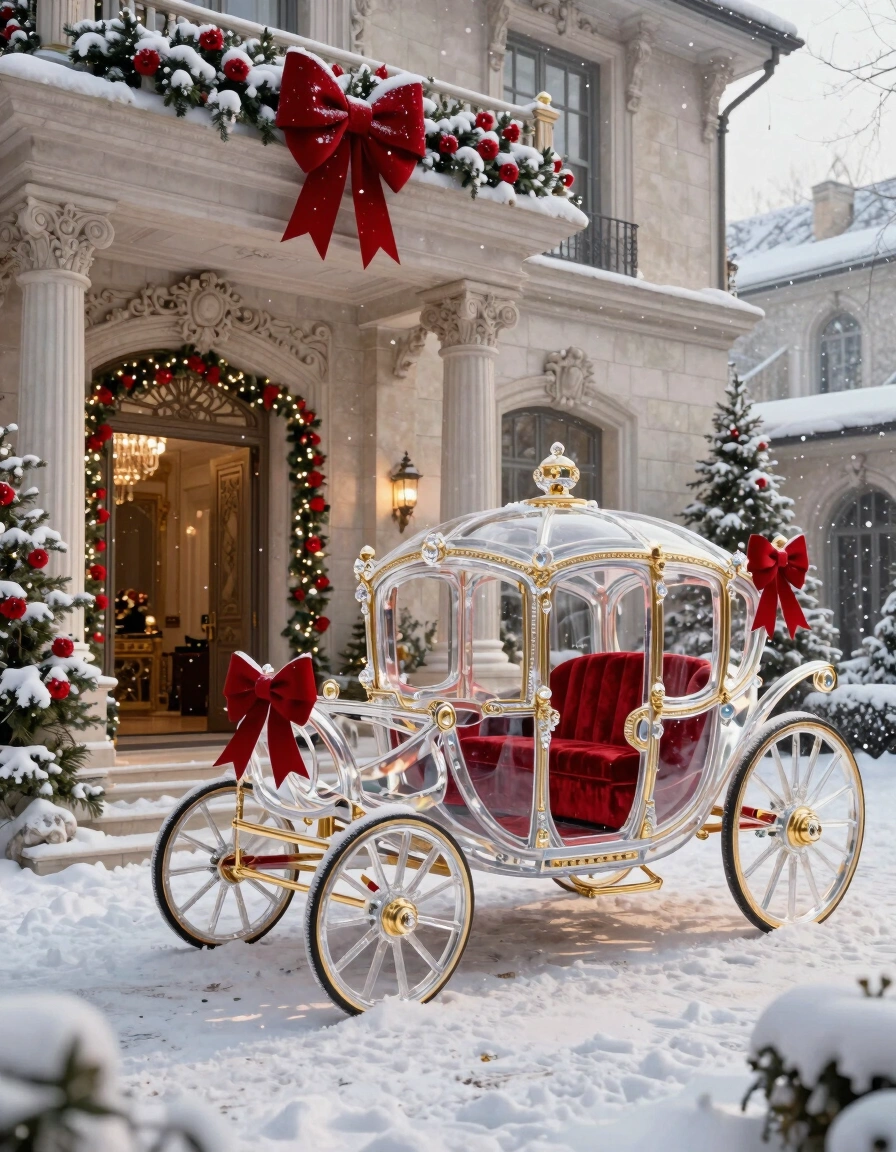 A luxurious glass carriage with red velvet interior and gold accents is placed in front of a grand estate, surrounded by snow-covered trees and Christmas decorations.