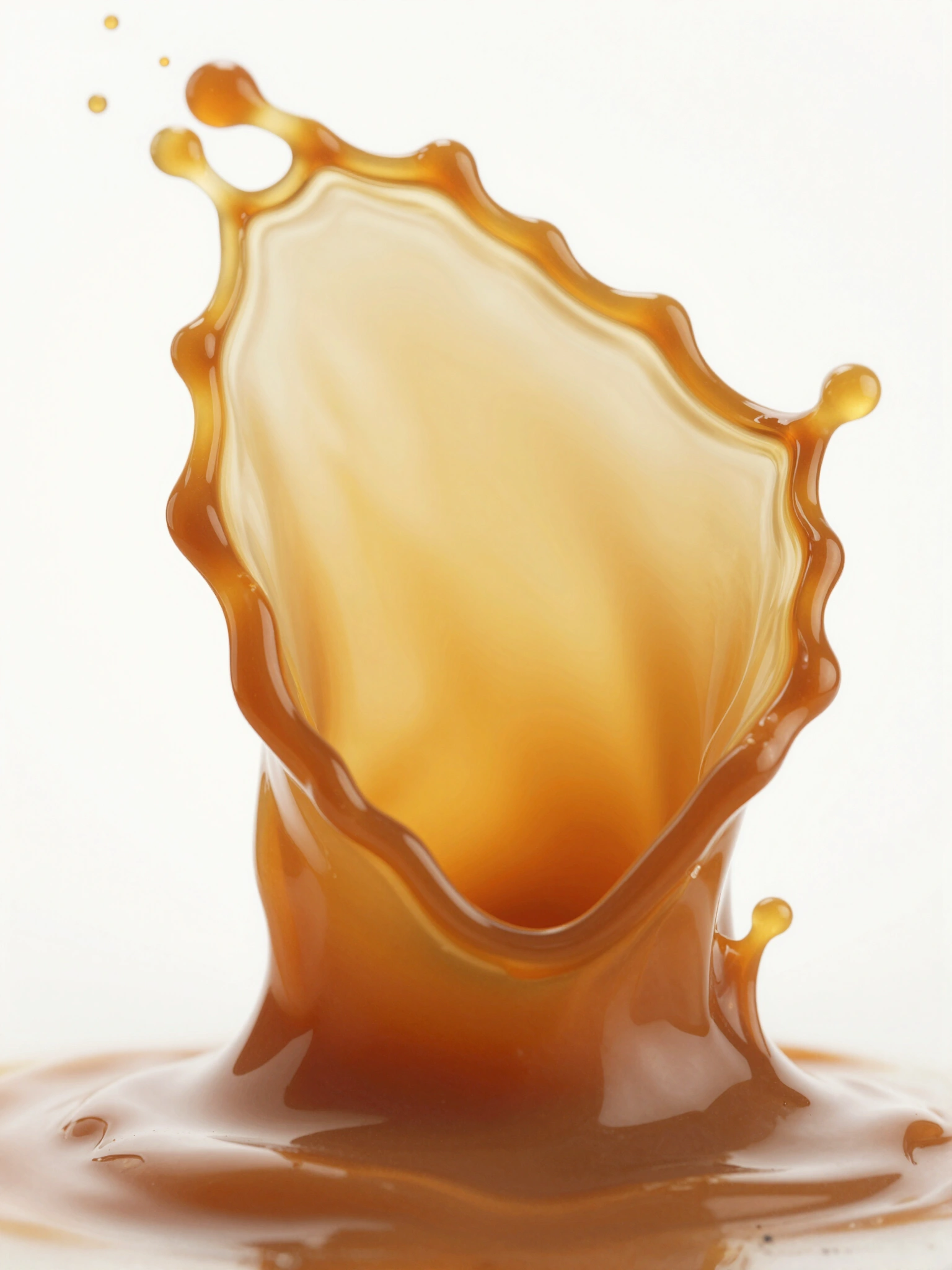 Golden caramel sauce splash with glossy texture and vibrant orange-golden color on white background
