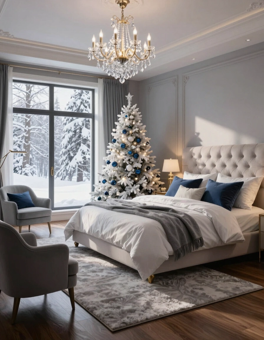 A luxurious bedroom with a large bed, white Christmas tree, and gray armchairs, featuring a serene view of a snow-covered forest through the large window.
