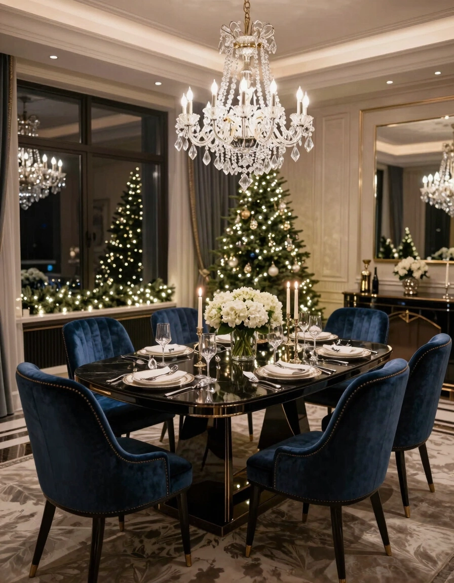 Luxurious dining room with black table, blue chairs, and crystal chandelier, decorated for Christmas with white hydrangeas and a lit Christmas tree.